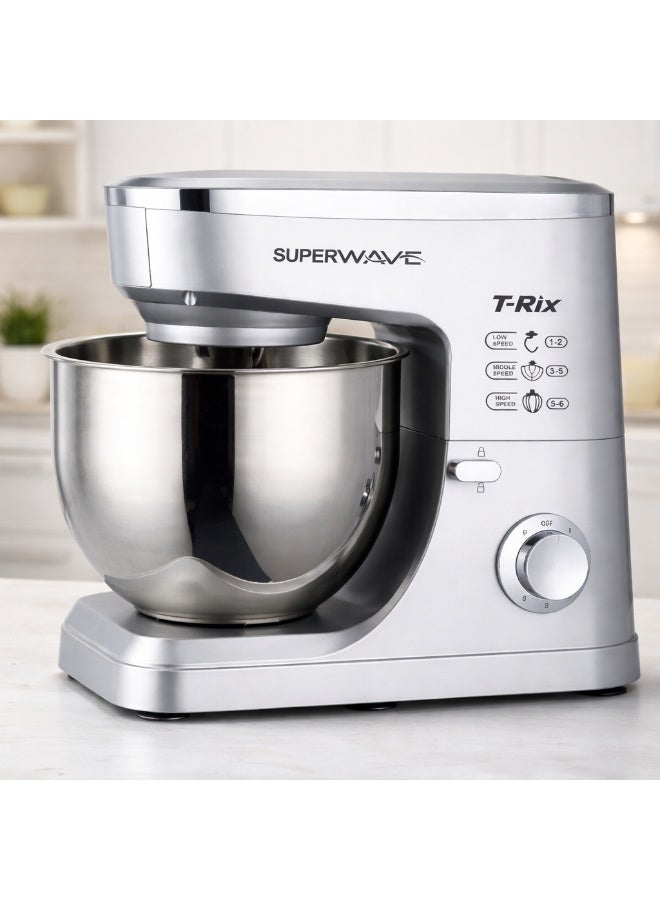 سوبر ويف تي-ريكس عجانة كهربائية 1500 واط، وعاء ستانلس ستيل 7 لتر، 6 سرعات، 3 ملحقات، فضي - Image 1